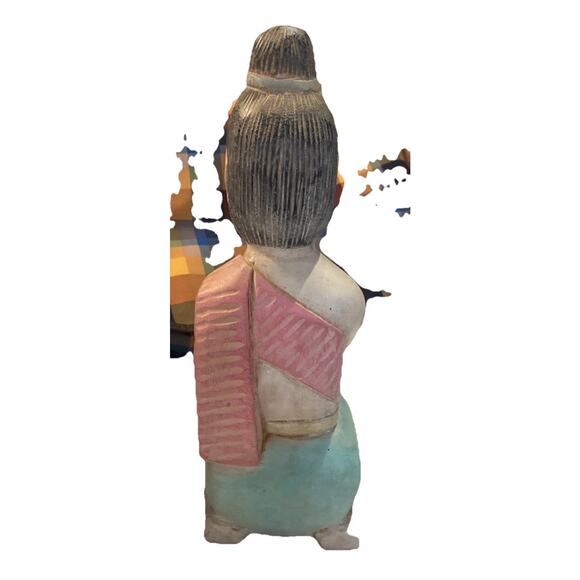 Vintage Hand Carved Asian Praying Kneeling Wooden Hand Painted Statue 11" - Picture 4 of 7